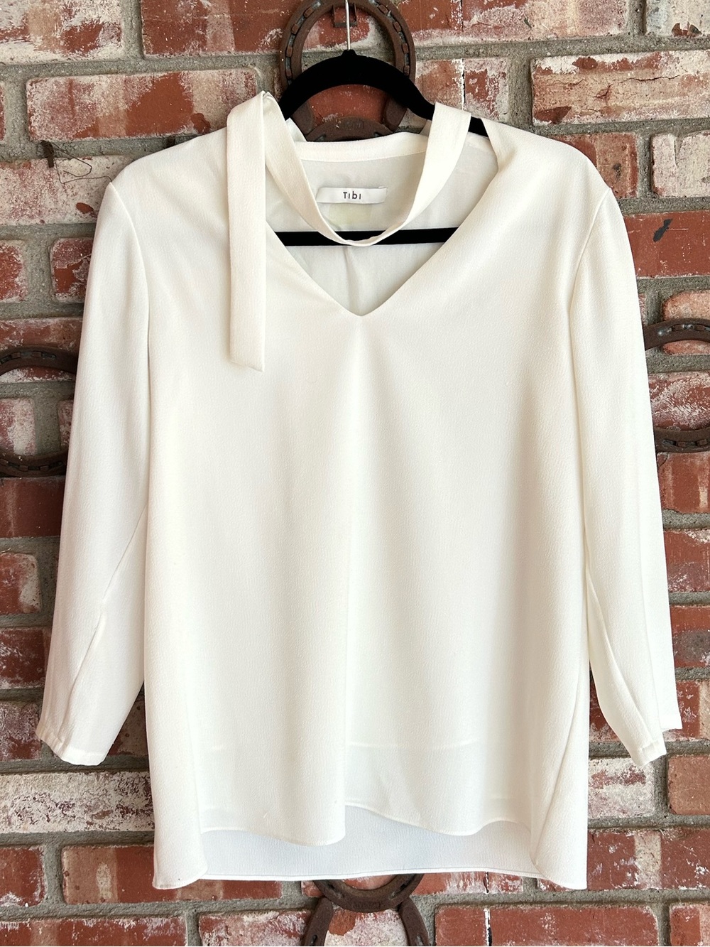 TIBI White V Neck Tie Neck Blouse